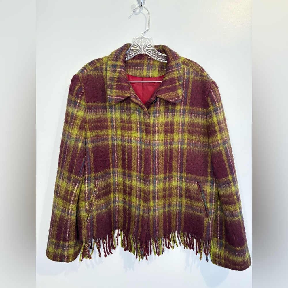Vintage Elliott Lauren Women's Blazer XL Purple Avocado Wool-Blend Plaid Fringe